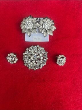 Silver Crystal Floral Clip-On Earrings and Brooch Set